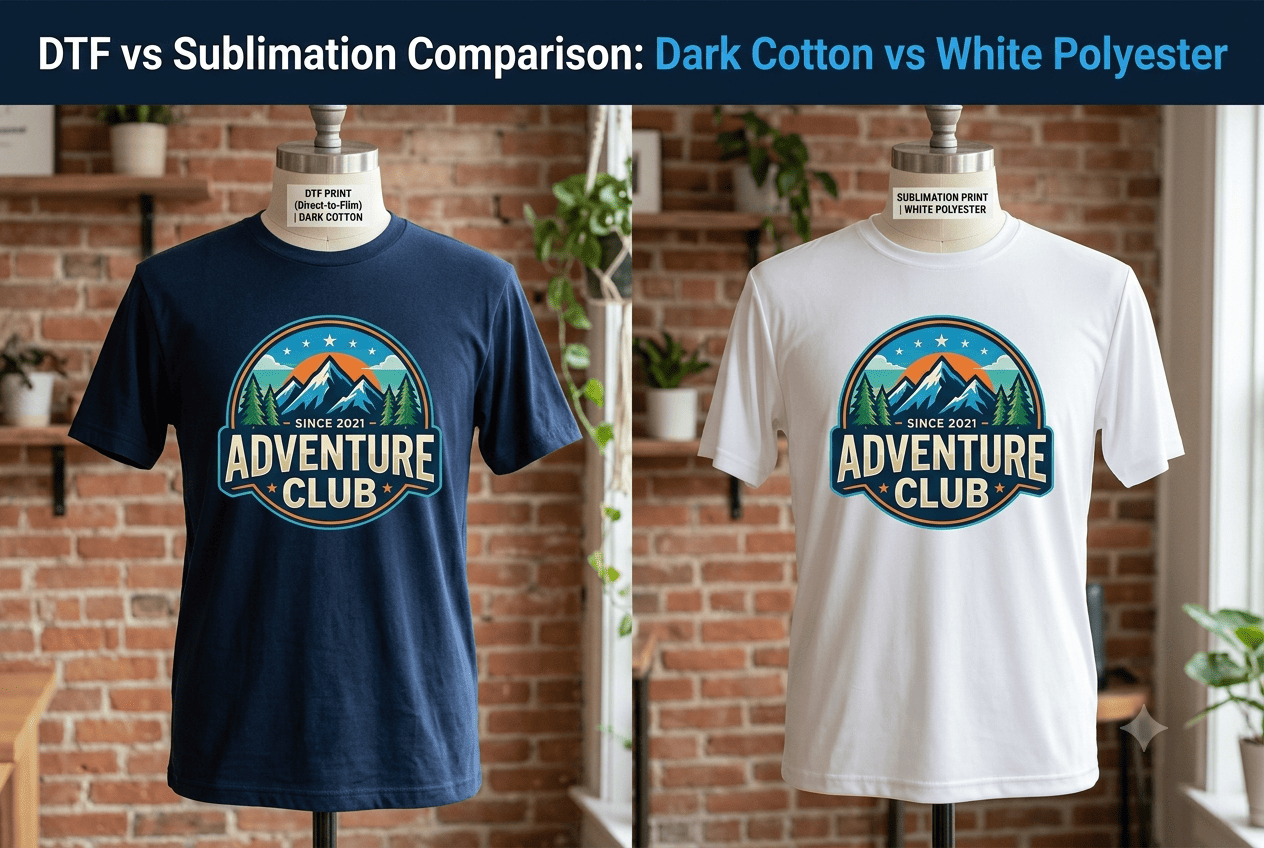DTF vs sublimation comparison — dark cotton tee versus white polyester shirt