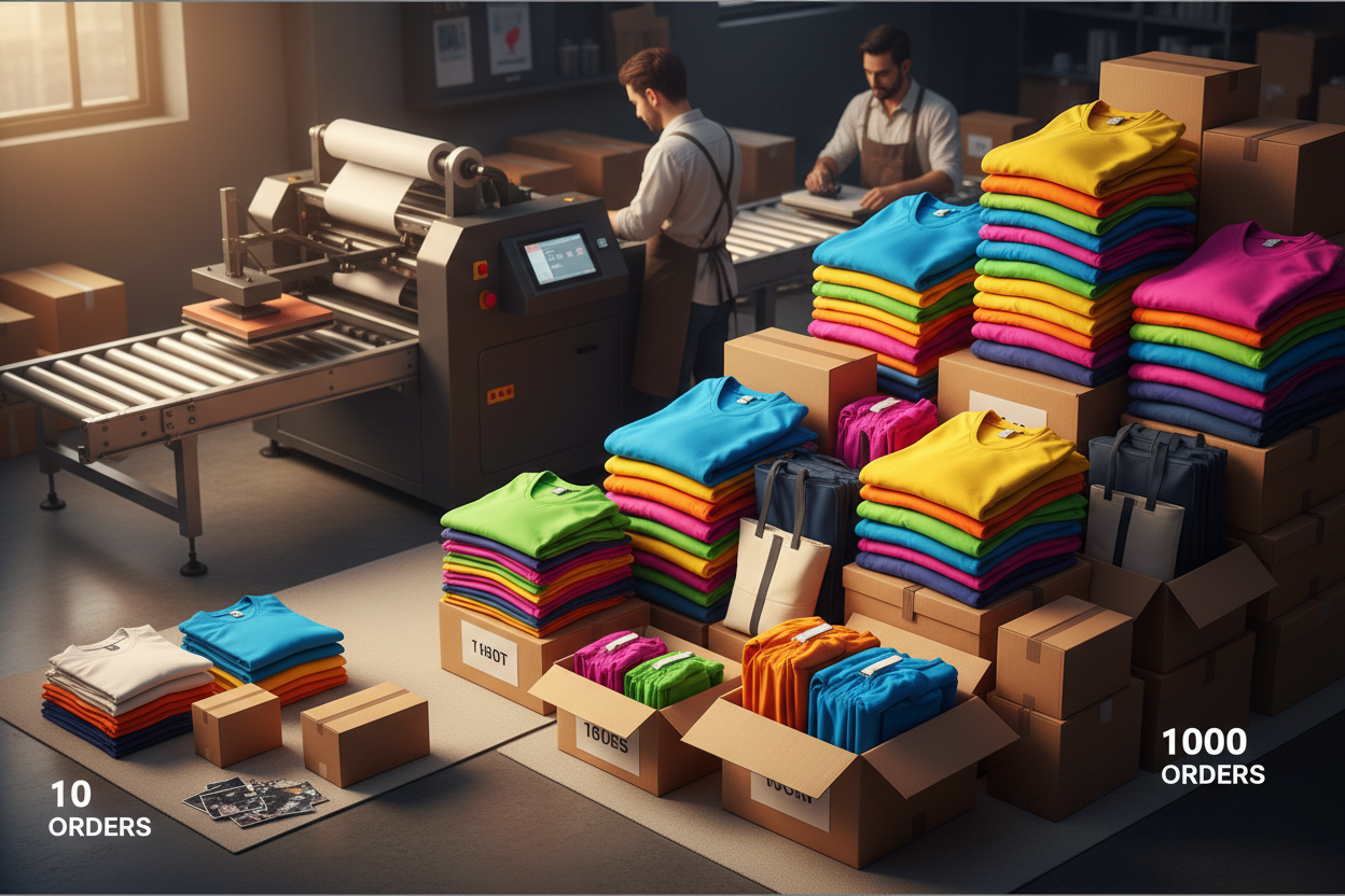 DTF production facility showing scalable custom apparel fulfillment from small to large order volumes.