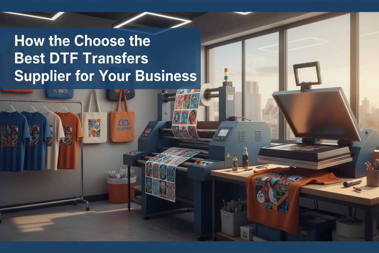 Modern textile workshop with DTF transfer printing machines and custom-designed apparel, illustrating a guide on how to choose the best DTF transfer supplier for your business.
