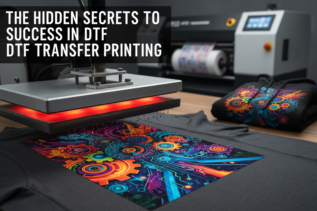 Heat press applying a colorful DTF transfer onto a dark shirt