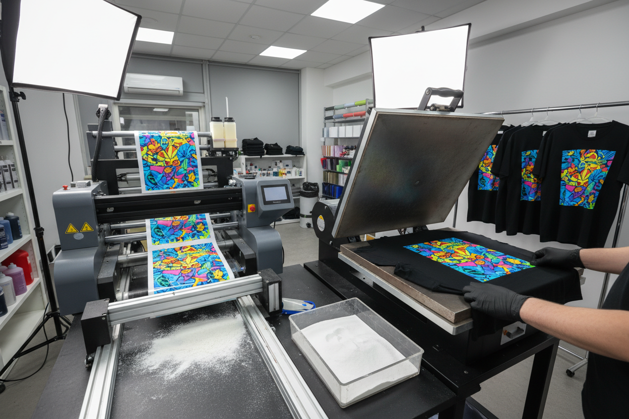 DTF printing machine and heat press applying colorful custom designs onto black t-shirts in a modern print studio.