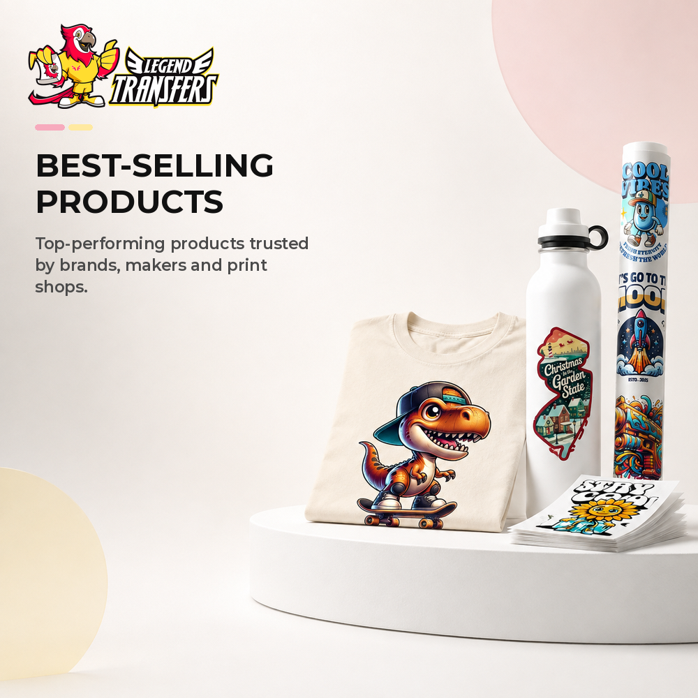 Colorful best seller promotional banner featuring custom printed hoodies and t-shirts.
