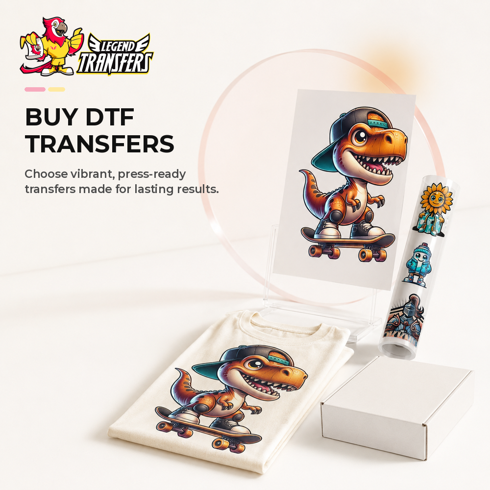 Various custom DTF transfer designs floating into a digital shopping cart.