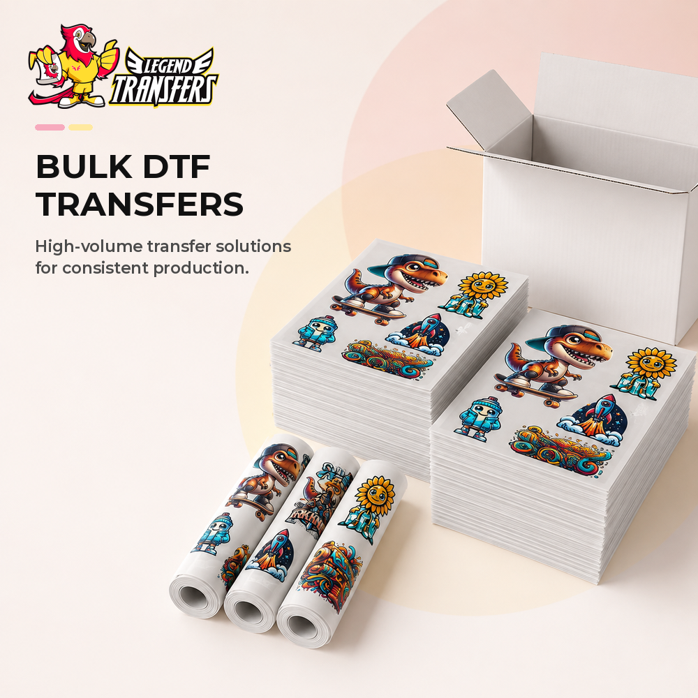 A pile of colorful custom DTF transfer stickers and prints